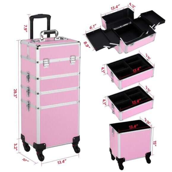 New 4-in-1 Pink Rolling Makeup Train Case, Pro Trolley Organizer with Wheels - Picture 3 of 8